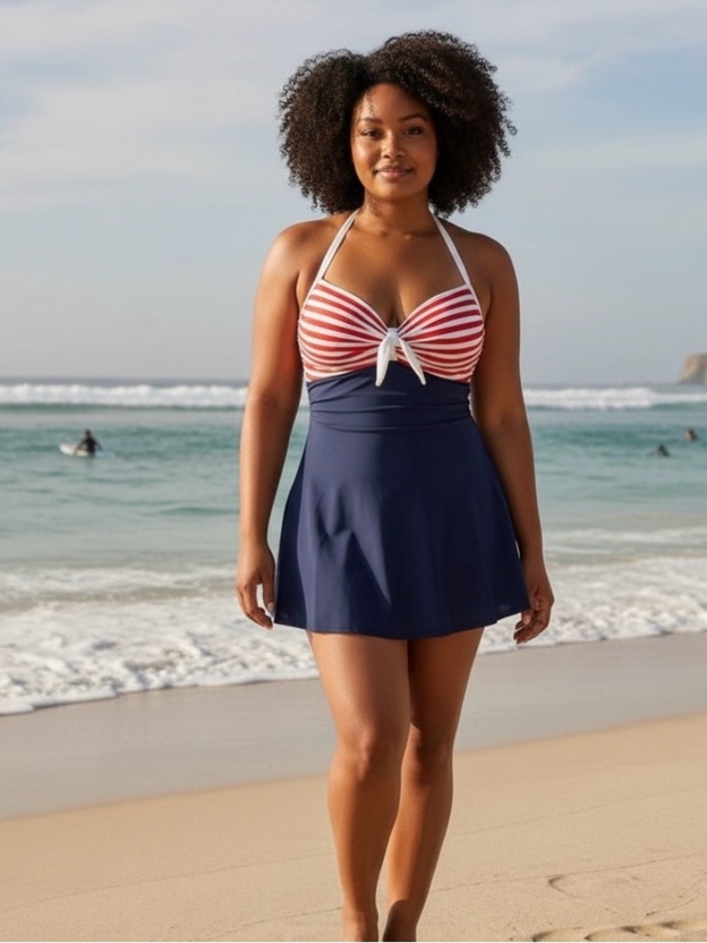 Cocoship Retro 1950s Pin-Up Halter Swimdress One Piece Swimsuit Black Red White